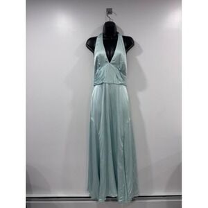 Maison Armory Light Blue Satin Halter Maxi Dress V-Neck Backless Gown Size Small